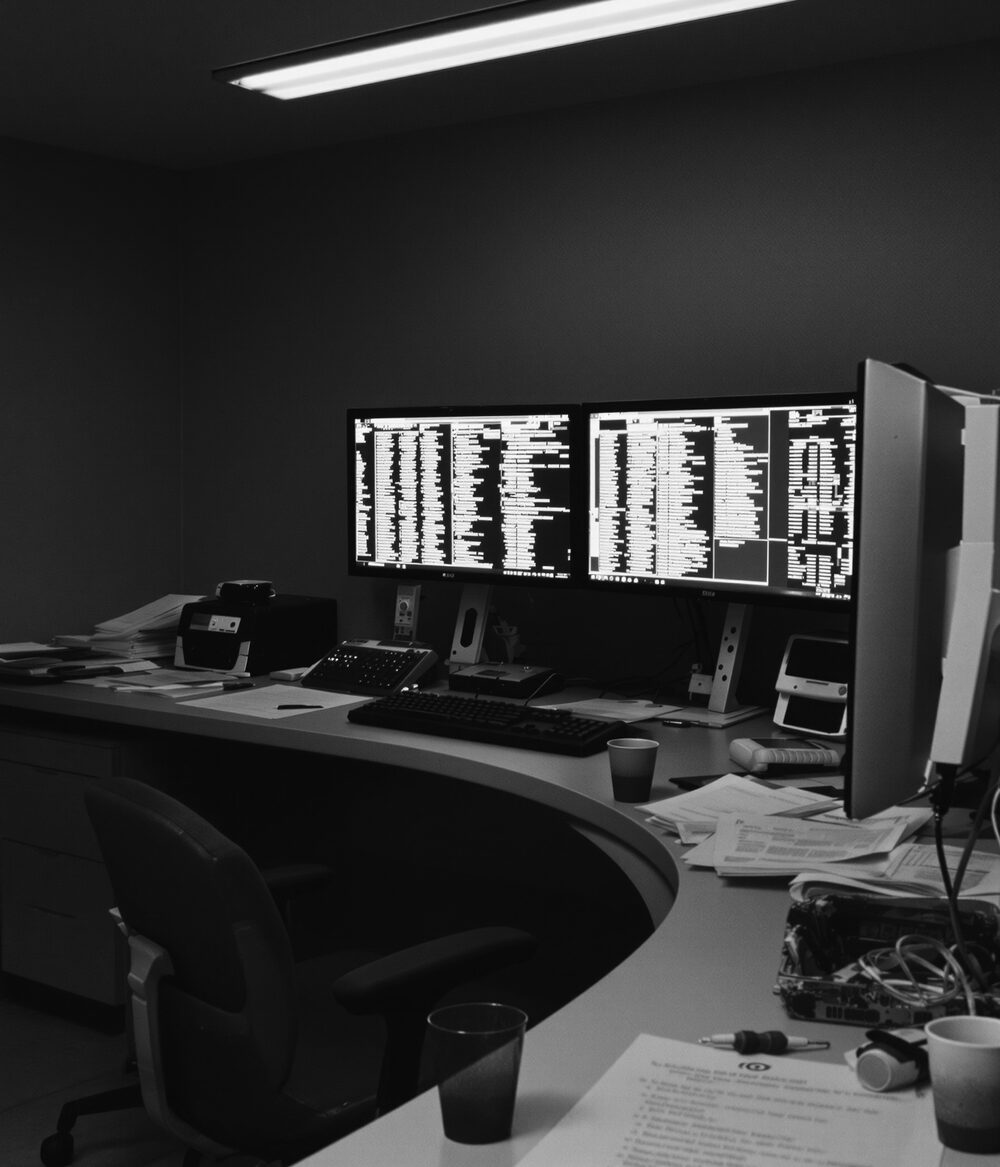An operations room at night. Two monitors showing dense records, an empty chair, printed forms across the desk.